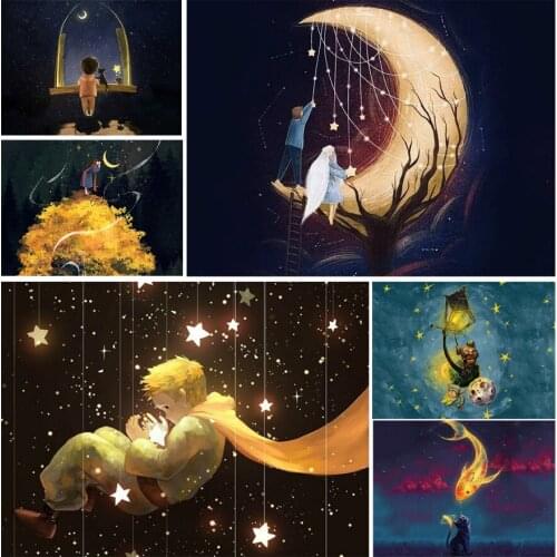 Moon Night Scenery Little Boy 5D Diy Full Square and Round Diamond Painting Embroidery Cross Stitch Kit Wall Art Club Home Decor