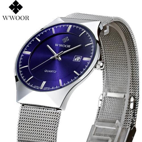 New Fashion top luxury brand WWOOR watches men quartz-watch stainless steel mesh strap ultra thin dial clock relogio masculino