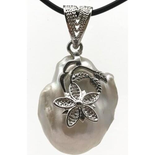 Natural white Irregular Baroque Pearl Pendant Leather Cord Necklace 925 sterling silver clasp 001