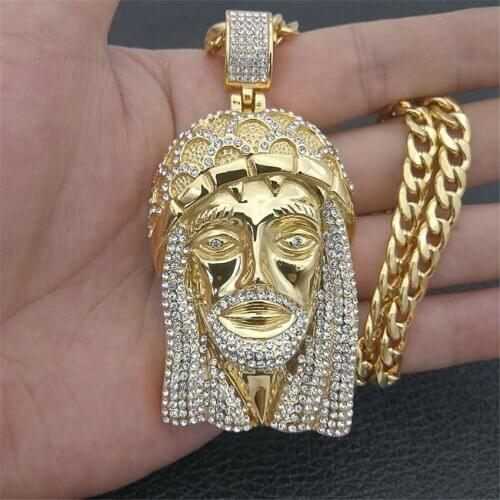 1 New Hip Hop Men Gold Iced Out Bling Rhinestone Big Jesus Piece Necklaces Pendants with Chains Vogue Jewelry for Man Gift