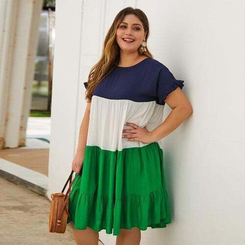 DOIB Women Large Size Dresses Coloring Patchwork Oversize Dresses Women Summer Plus Big Size Dress Vestio Vintage Dress 4XL