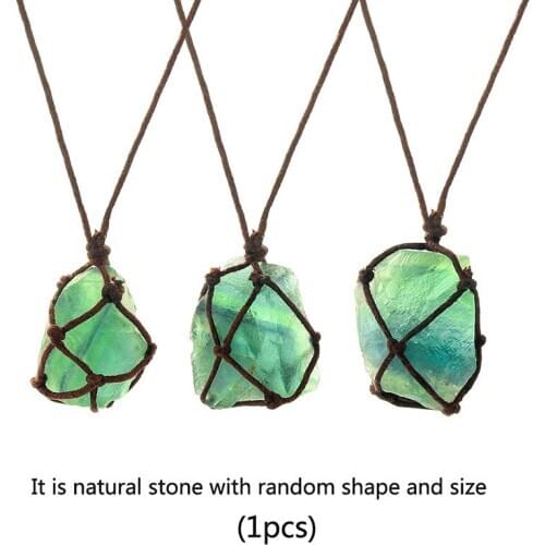 Popular Natural Crystal Blue Green Fluorite Pendant Necklace Hand Woven Antique Stone Necklace Geometric Shape 81cm Length