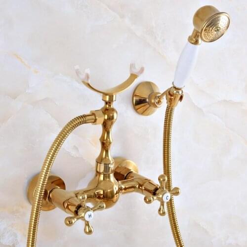 Luxury Polished Gold Color Brass Wall Mounted Bathtub Faucet with Handheld Shower Set +1500MM Hose Mixer Tap 2na937