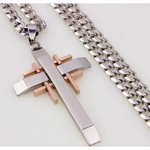 New Fashion Vintage Mens Womens Pendant Necklace Stainless Steel Rose Gold Biker Christian Cross Crucifix Jewelry Cuban Chain
