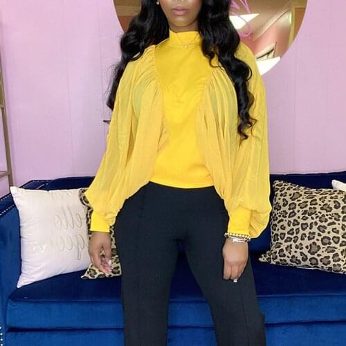 Yellow patchwork mesh sleeve tops women spring batwing sleeve lady blouses shirts 2021 new fashon chic african female blousa