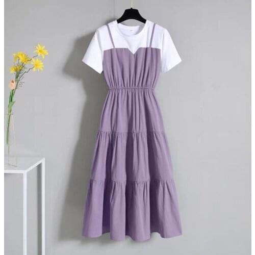 Womens clothing 2021 summer splicing age reduction fake two long skirts fat sister waist dress female