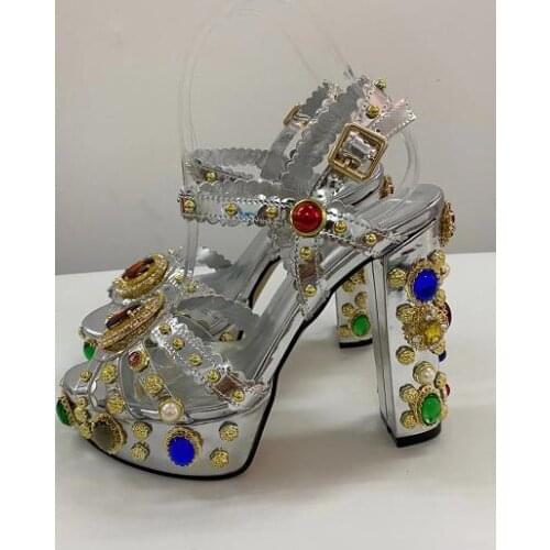 Moraima Snc Silver Leather Diamond Decorations platform Sandals Sexy Peep Toe Ankle Strap Shoes Women Dress Heels