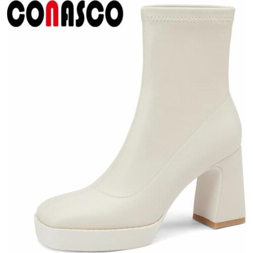 CONASCO Sexy Women Ankle Boots Autumn Winter Warm Cow Leather Party Prom Concise Sexy Shoes High Heels Elegant Boots Woman