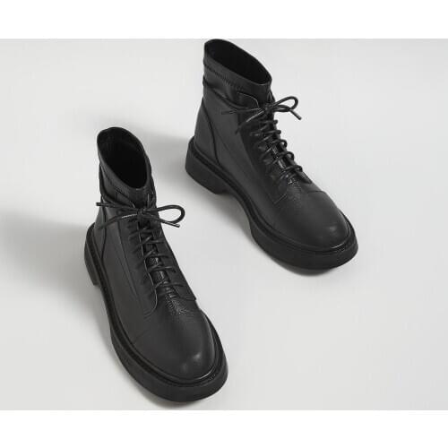 Osunlina Genuine Leather Boots Handmade Lace-up Round Toe Black Ankle Boots For Woman Autumn Square Heels Motorcycle Shoes A027