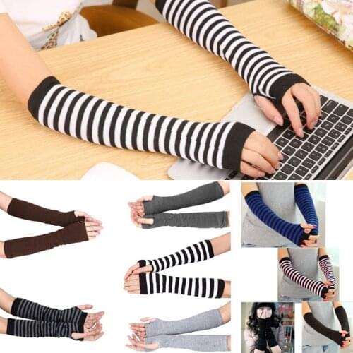 Lady Stretchy Soft Knitted Wrist Arm Warmer Long Sleeve Fingerless Gloves Striped NOV99