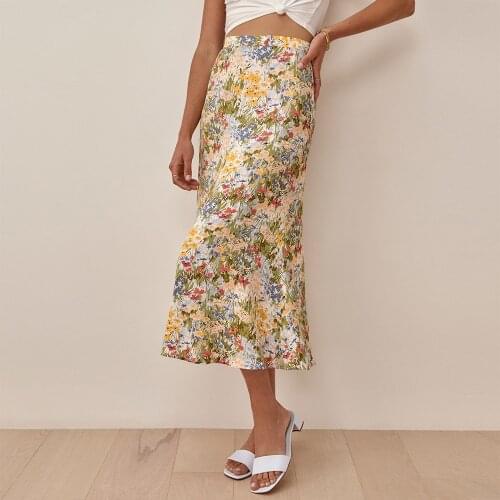 Skirts Womens 2021 High Waist Vintage Floral Print Summer Skirt Back Zipper Elegant Chiffon Midi Long Skirt Women Clothing