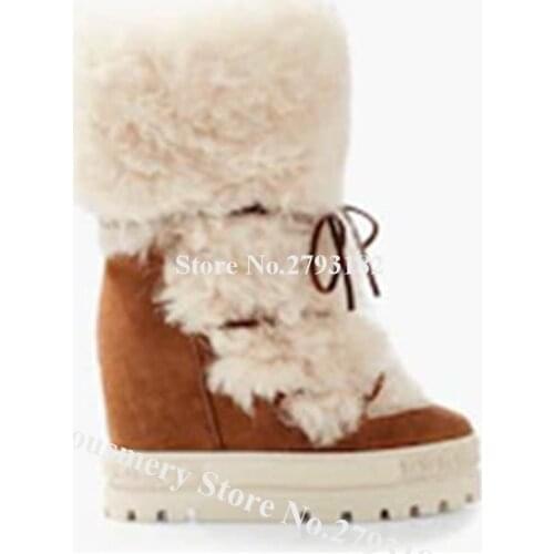 Women Winter Wool Fur High Platform Snow Boots Lace-up Round Toe Suede Hieight Increased Ankle Boots Warm Inside Heels Boots