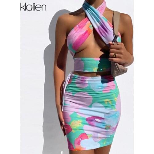 KLALIEN Women Summer Sexy Print Hollow Out Bandage Halter Camisole and Mini Skirt Two Piece Skirt Set New Casual Beach Skirt Set