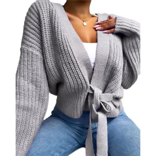 Xingqing Womens Sweater V-Neck Cardigan Lace Up Bow Sweater Solid Color Females Coat Bandage Ladies Sweaters Tops Streetwear