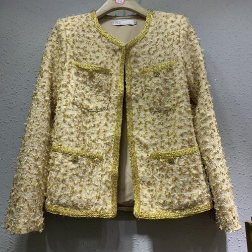 Gold wire weaving vintage small fragrance coat women o-neck short tweed woolen jacket
