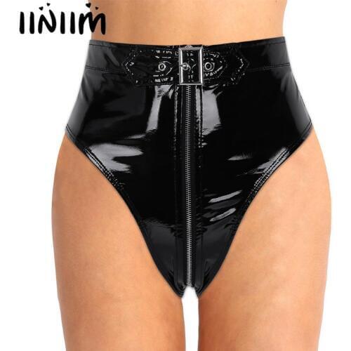 Women Lingerie Sexy Panties Wetlook PVC High Cut Zippered with Belt Briefs Underwear Underpants Ladies Fashion Punk Clubwear
