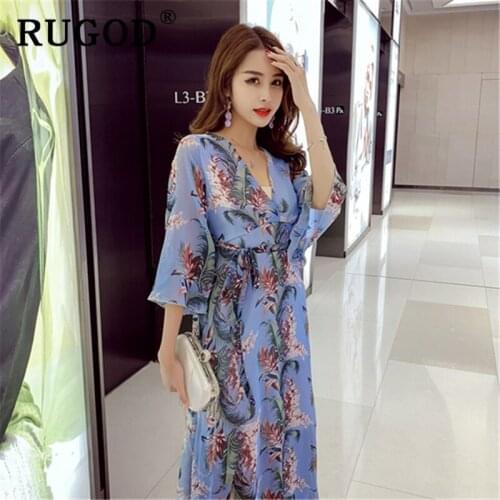 RUGOD Bohemian flower printed long chiffon women dress Fashion summer V neck beach party dresses vestidos 2019 elegant dresses