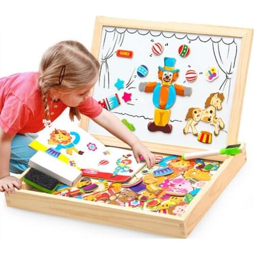 Hot Sale 100+PCS Wooden Magnetic Puzzle Figure/Animals/ Vehicle /Circus Drawing Board 5 Styles Box Educational Toy Gift