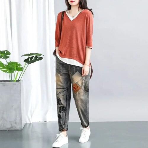 2021Spring Autumn New Harem Jeans Womens Color Contrast Retro Literary Cowboy Pants Embroidery Elastic Waist Female Denim Pants