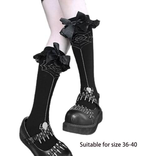 Women Gothic Halloween Spider Web Knee High Socks Lolita Ruffles Lace Bowknot Black Stockings Cosplay Hosiery Streetwear