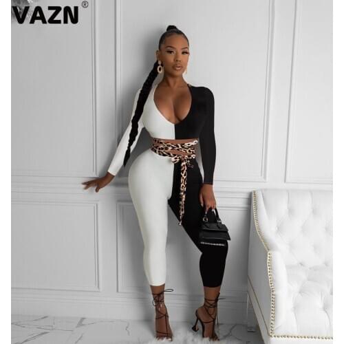 VAZN Young chic 2020 early autumn sexy lady patchwork colors 2-piece long set full sleeve deep V-neck tees mid-calf pants sets