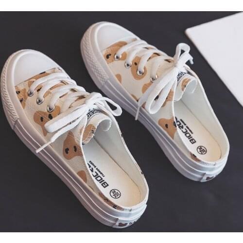 2021 New Spring Shoes for Girls Cow Print Bear Cartoon Cute Slip on Loafers No Back 35-49 Low Short Summer Shoes Gumshoe Leisure