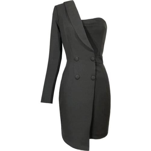 PERHAPS U Summer Women Elegant Black Sexy One-Shoulder Double Breasted Strapless Asymmetrical Sheath Mini Dress D3041