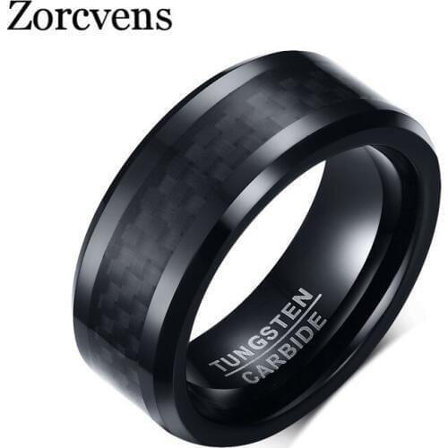 Modyle 2020 Fashion Punk Mens Tungsten Carbide Rings 8MM Black Carbon Fiber Inlay and Beveled Edges Wedding Ring for Lovers