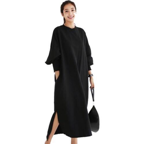 Neatie kiddie Solid Black Women Straight Dresses Long Sleeve O-neck Loose Split High Street Fashion Long Dress Female