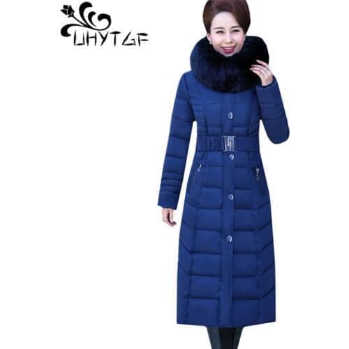 UHYTGF New Oversized Parker Women Thick Winter Outerwear Fur collar Hooded long down jacket Warm Coat Belt Slim Cotton Coat 1060