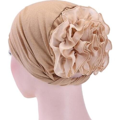 New Solid Women Muslim Turban Hat Big Flower Head Scarf Fashion Headwear India Hat Elastic Cap Turban Wrap Hair Accessories