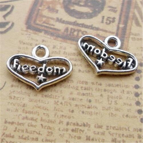 BULK 30pcs Zinc Alloy Tibetan Silver Plated Freedom Letters Heart Charms 21*17mm 1g