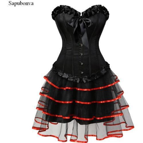 Sapubonva ladies gothic corset skirt dress adjustable costume party vintage lingerie bustier corset skirts set sexy brocade red
