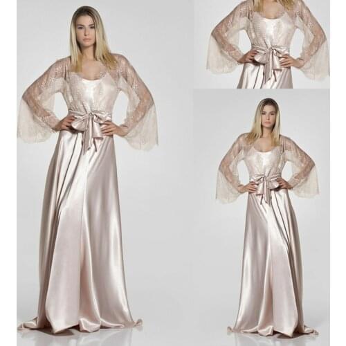 Silver Silk Pregnant Pajamas 2 Pieces Women Sleepwear Bathrobe Soft Lace Long Wedding Bridal Robe With Belt Customize Nightgown