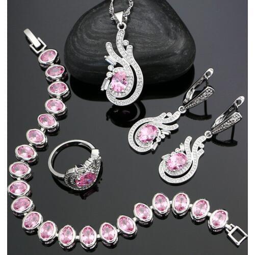 925 Silver Wedding Jewelry Sets For Bridal Accessories Pink Cubic Zirconia Earrings/Pendant/Ring/Bracelet/Necklace Silver Set