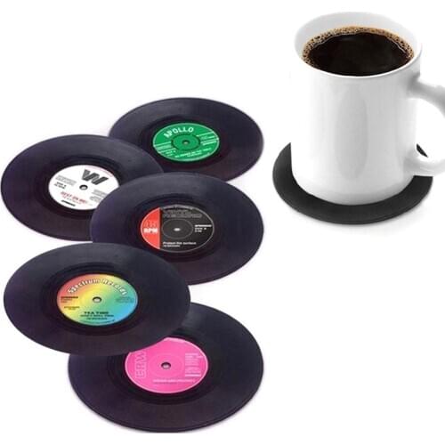 Useber 6 Pcs / Set Vinyl Round Disc Coaster Retro CD Shape Non-slip Insulation Tableware Mats Home Restaurant Bar Be Applicable