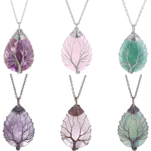 Tree of Life Teardrop Pendant Necklace Copper Wire Wrapped Pink Quartz Stone Healing Chakra Necklace