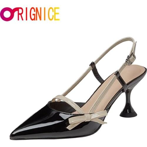 Orignice Women Cow Patent Leather Bowknot Pointed Toe High Heels Sandals Wineglass Slingback Buckle Strap Evening Wedding Shoes