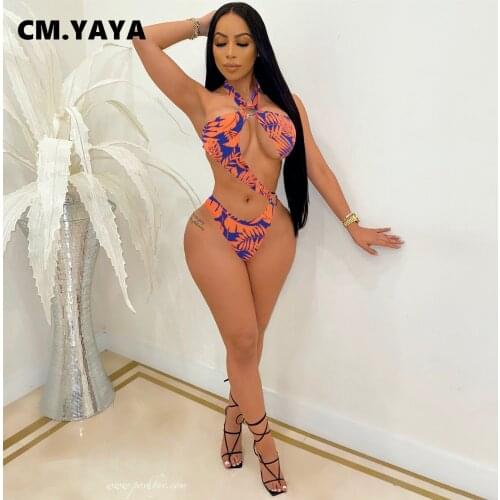 CM.YAYA Women Bikinis Set Print Halter Hollow Out Low Waist Elastci Bodysuit One Piece Set Swimsuits Summer Beachwear 2021