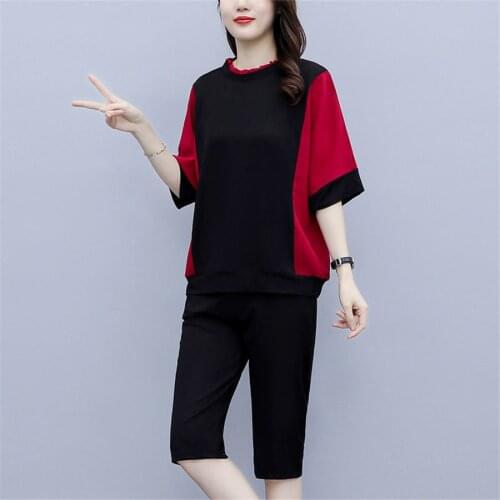 Summer Womens Set Short Sleeve Sports Suit Patchwork O-Neck t-Shirt+Pant 2 Piece Set Tracksuit For Women Sweat Suit