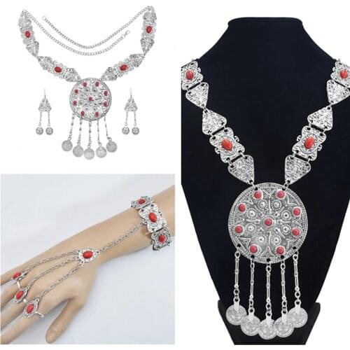 Bohemian Silver Alloy Bangle Ring Earrings Necklace For Women Jewelry Set Ethnic Style Blue Red Stone Pendant Bracelet Lady Gift