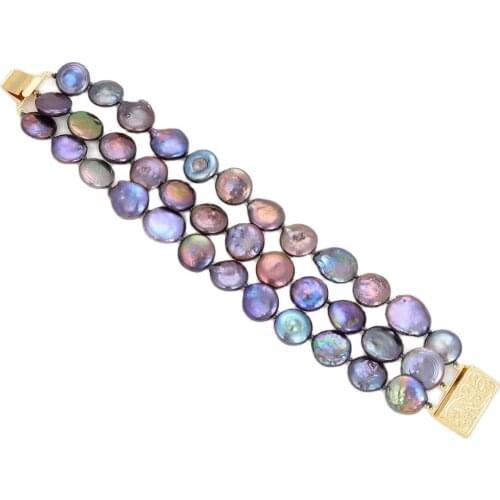 JK 3 Strands 13mm Natural Black Coin Keshi Pearl Bracelet For Women