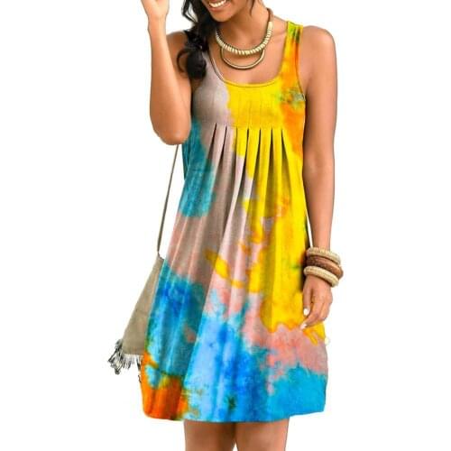 Women Summer Dress Tie Dye Print Shoulder Strap Summer Round Neck Sleeveless Dresses Vestidos