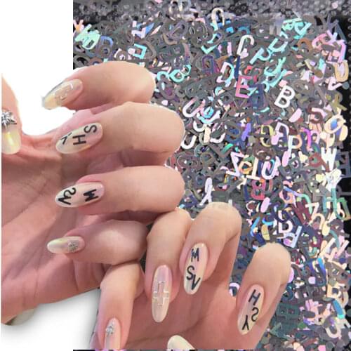 1 Bag English Alphabet Letter Nail Sequins 6 Colors Mirror Sparkly Sequins Laser Mixed DIY 3D Flakes Slices Nail Art Accessories