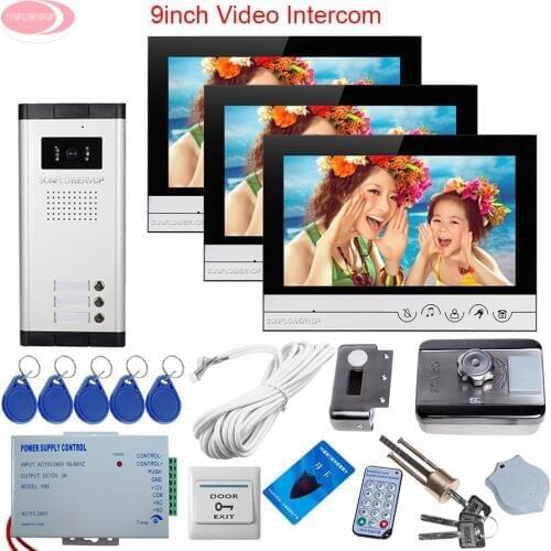 3 Units Video Door Phone Intercom System Telephone Intercom 9'' Video Call for The Entrance Door+Rfid Unlock Electronic Lock Kit