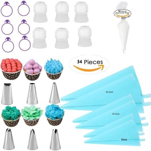 34PCS Cake Decorating Tools Russian Nozzle Cake Decorative Torch Nozzle Pastry Bags for Kitchen Baking