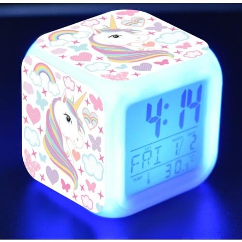 4-sided Unicorn Pattern And 7 Kinds Of LED Luminous Wake-up Bedside Clock Unicorn Room Decoration Childrens Alarm Clock