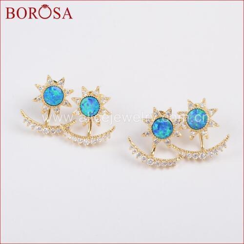 BOROSA 5/6Pairs Gold Bezel Star Japanese Blue Opal Studs with CZ Moon Charm Earrings Dual-use Fashion Drusy Earrings ZG0217
