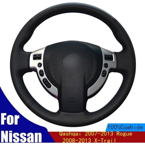 Car Steering Wheel Cover Hand-stitched Black Genuine Leather For Nissan Qashqai 2007-2013 Rogue 2008-2013 X-Trail