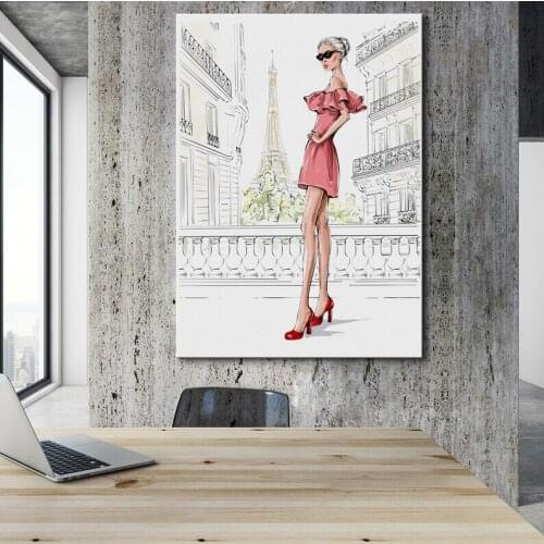 Home Decor Canves Painting Print Paris Fashion Girl Clipart Canvas Girly Glam Wall Art, Pink Trendy Wall Art